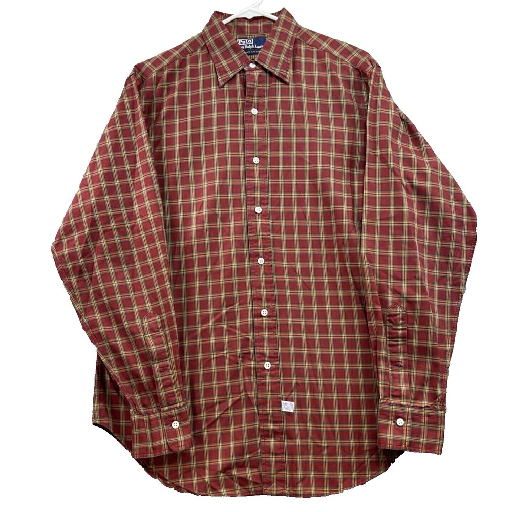 Polo Ralph Lauren Shirt Large Mens Red plaid Cotton Dress Long Sleeve Button up